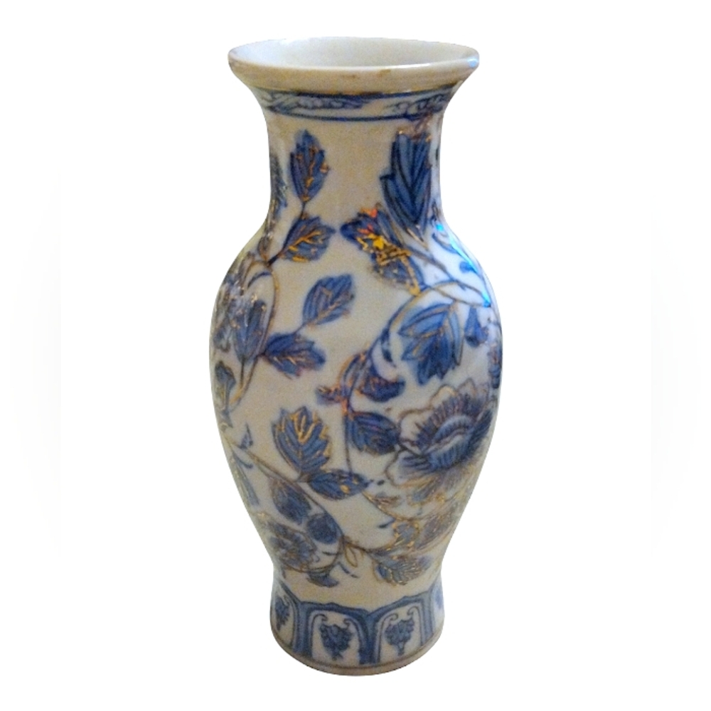 Chinese Zhonggao Zhi Zao Blue & white vase gold Gilt accents 6" tall